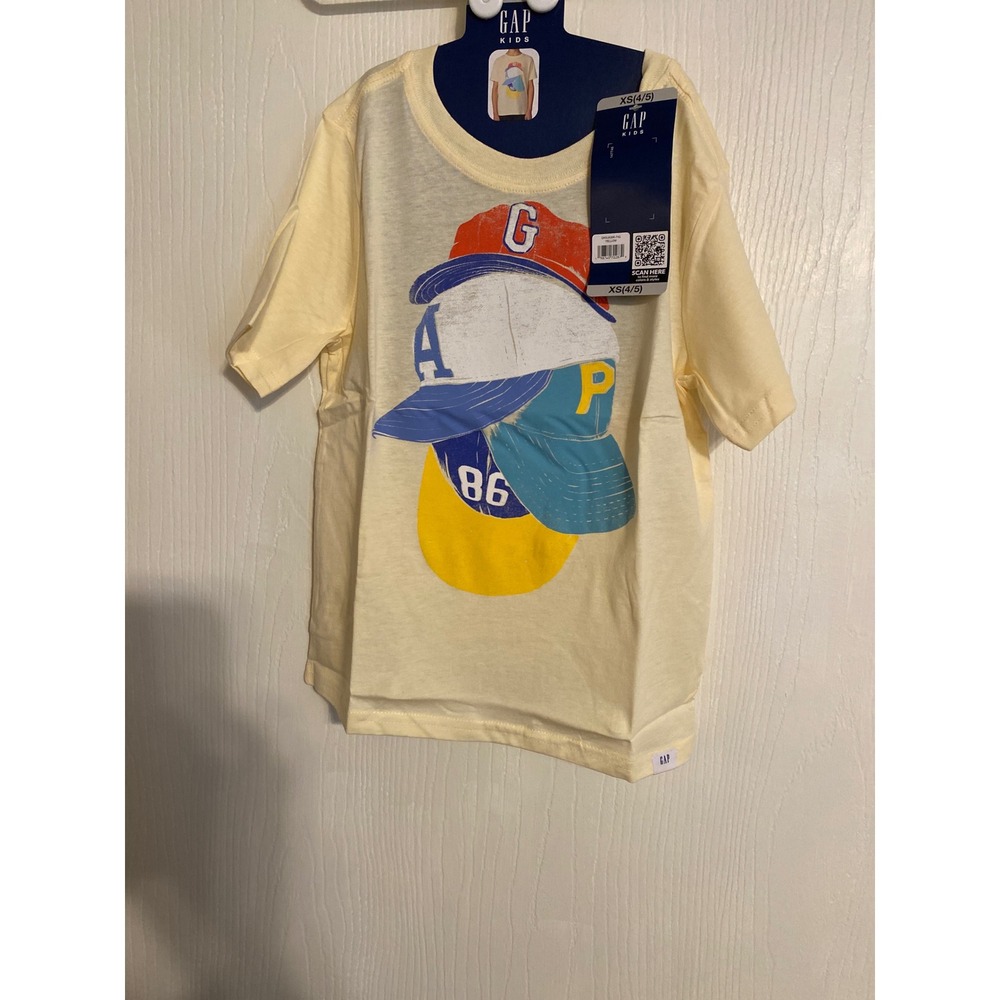 Gap Kids Baseball Hat Graphic Tee Yellow Short Sleeve Cotton Shirt XS 4-5